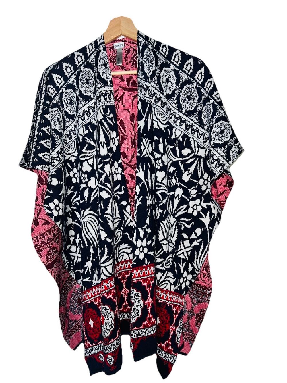 CHICOS Red Navy White Cape Shawl Poncho Wrap One Size 55% Silk, 45% Cotton